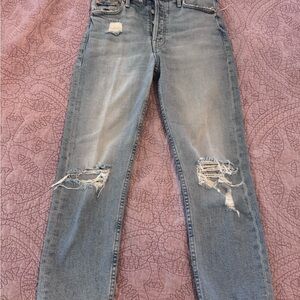 MOTHER Light Wash Distressed Straight-Leg Jeans